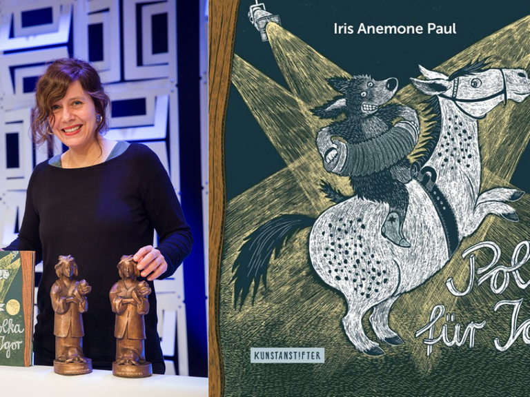 Iris Anemone Paul mit ihren Jugendliteraturpreisen für "Polka für Igor"
