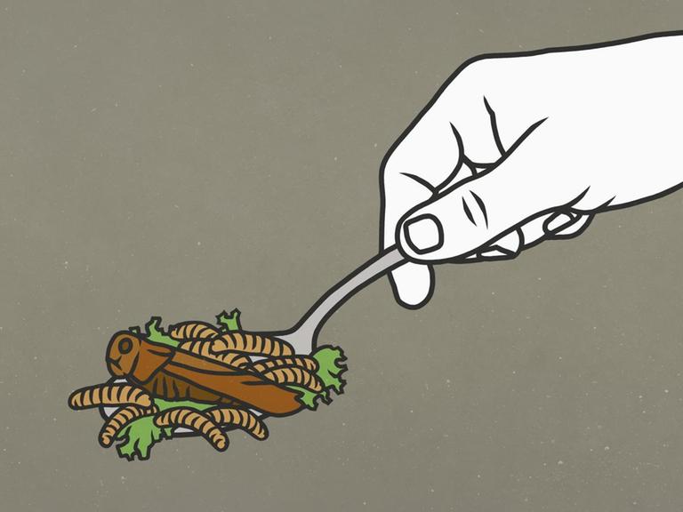 Illustration: eine Hand hält einen Löffel voller Insekten.