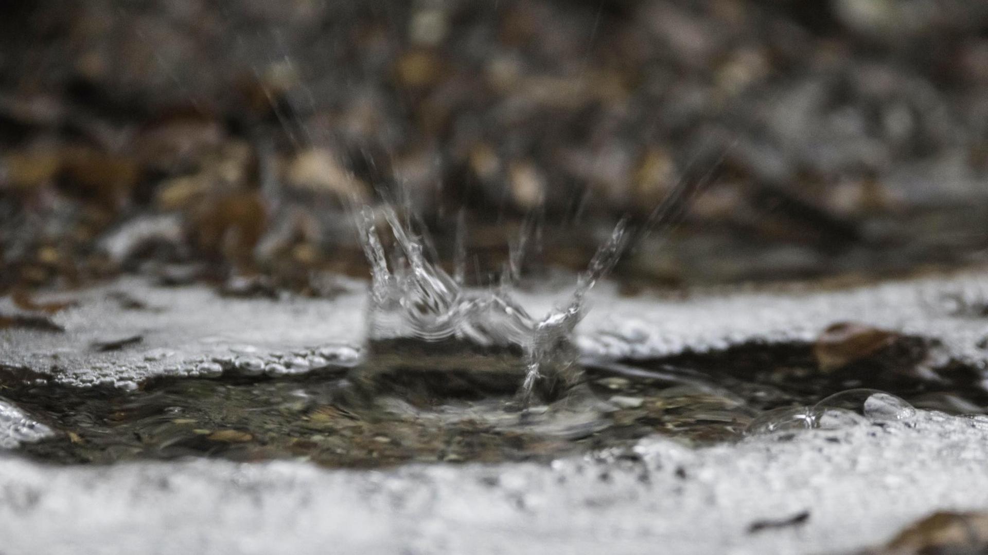 Ein Wassertropfen trifft auf den Boden.