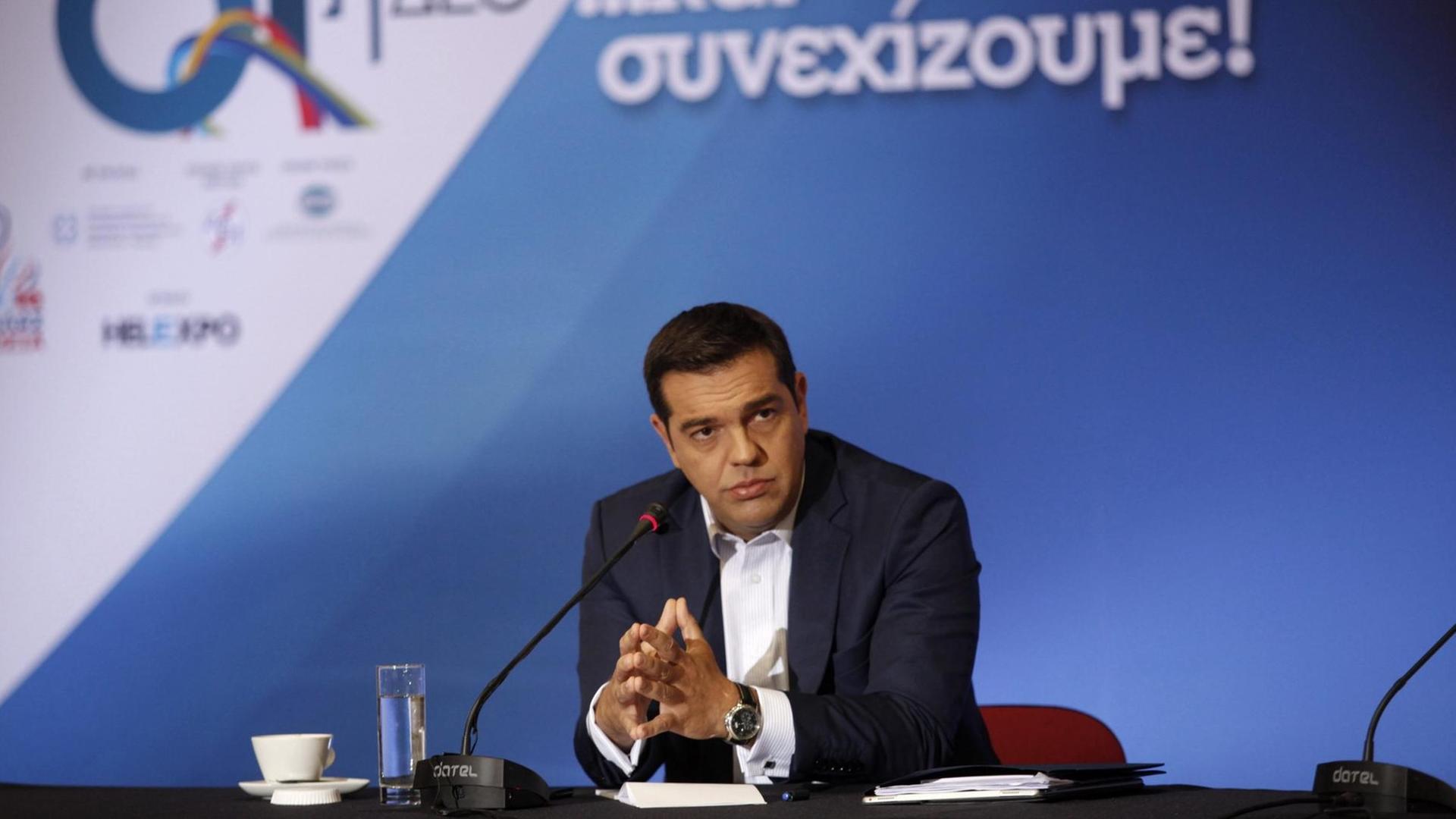 Griechenlands Ministerpräsident Alexis Tsipras hält auf der der Internationalen Messe in Thessaloniki einer Rede zur Wirtschaftspolitik.