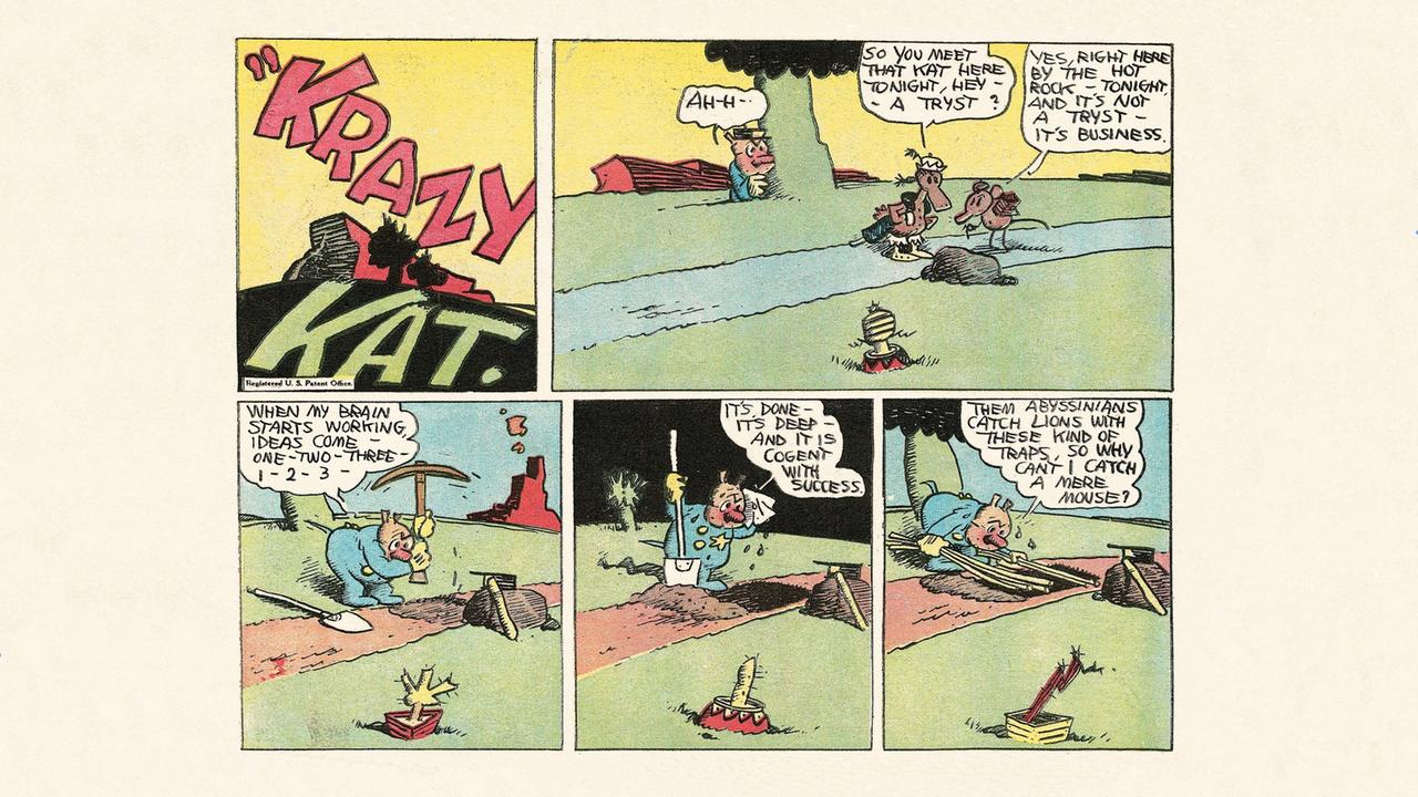 Das Foto zeigt eine Seite aus dem Bildband "Krazy Kat. George Herriman. Die kompletten Sonntagsseiten in Farbe 1935–1944". Zu sehen ist ein Comic-Strip.