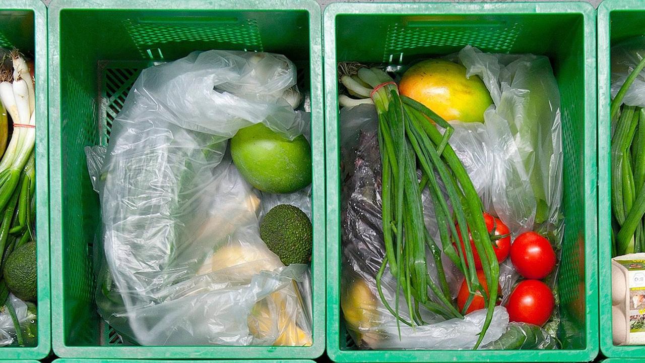 Tüten mit Obst, Gemüse und Eierkartons in grünen Plastikkisten.