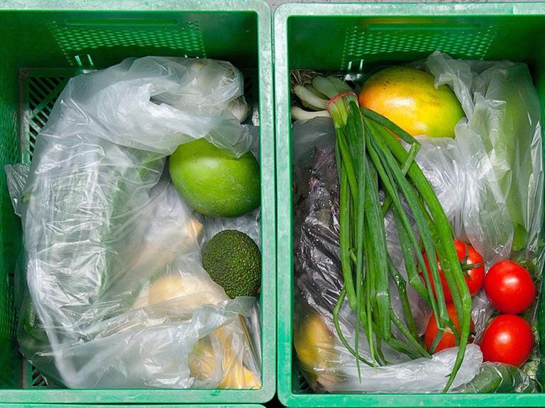 Tüten mit Obst, Gemüse und Eierkartons in grünen Plastikkisten.