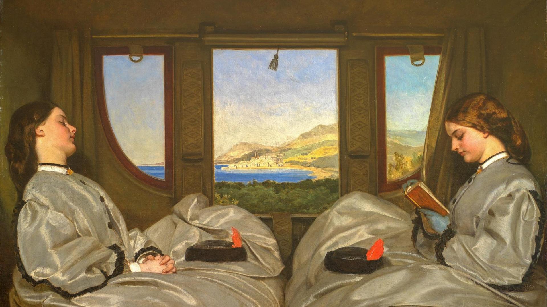 Das 1862 entstandene Gemälde "The Travelling Companions" von Augustus Leopold Egg zeigt zwei reisende Frauen, die eine schlafend und die andere lesend.