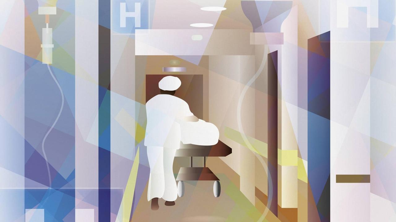 Illustration: Eine Person in der Krankenpflege schiebt eine Liege den Korridor entlang.