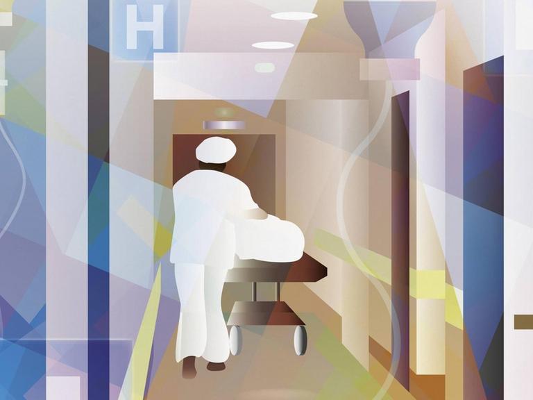 Illustration: Eine Person in der Krankenpflege schiebt eine Liege den Korridor entlang.