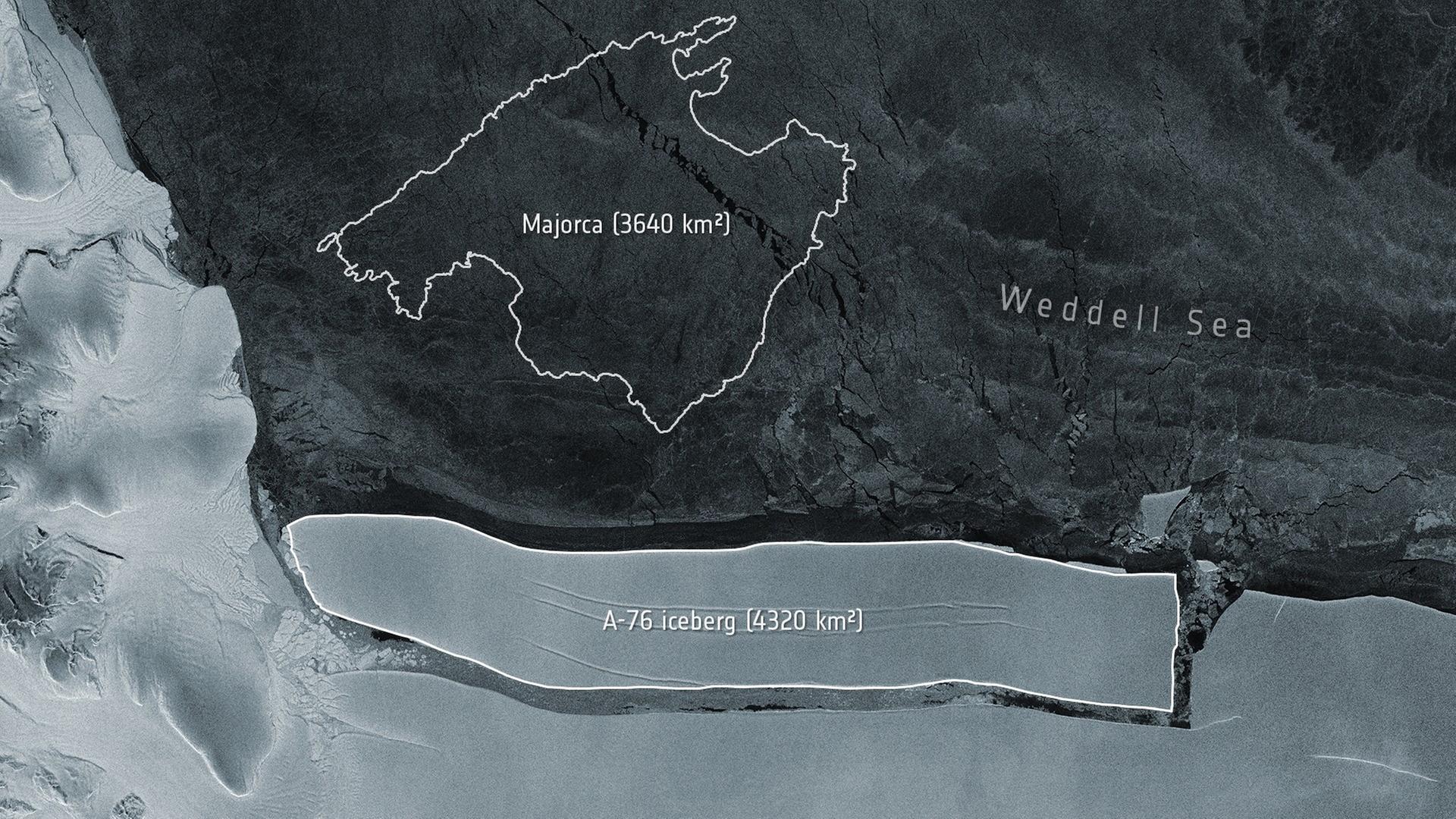 Der Eis-Berg auf dem Satelliten-Bild. Die Umrisse von der Ferien-Insel Mallorca sind zum Vergleich eingezeichnet.