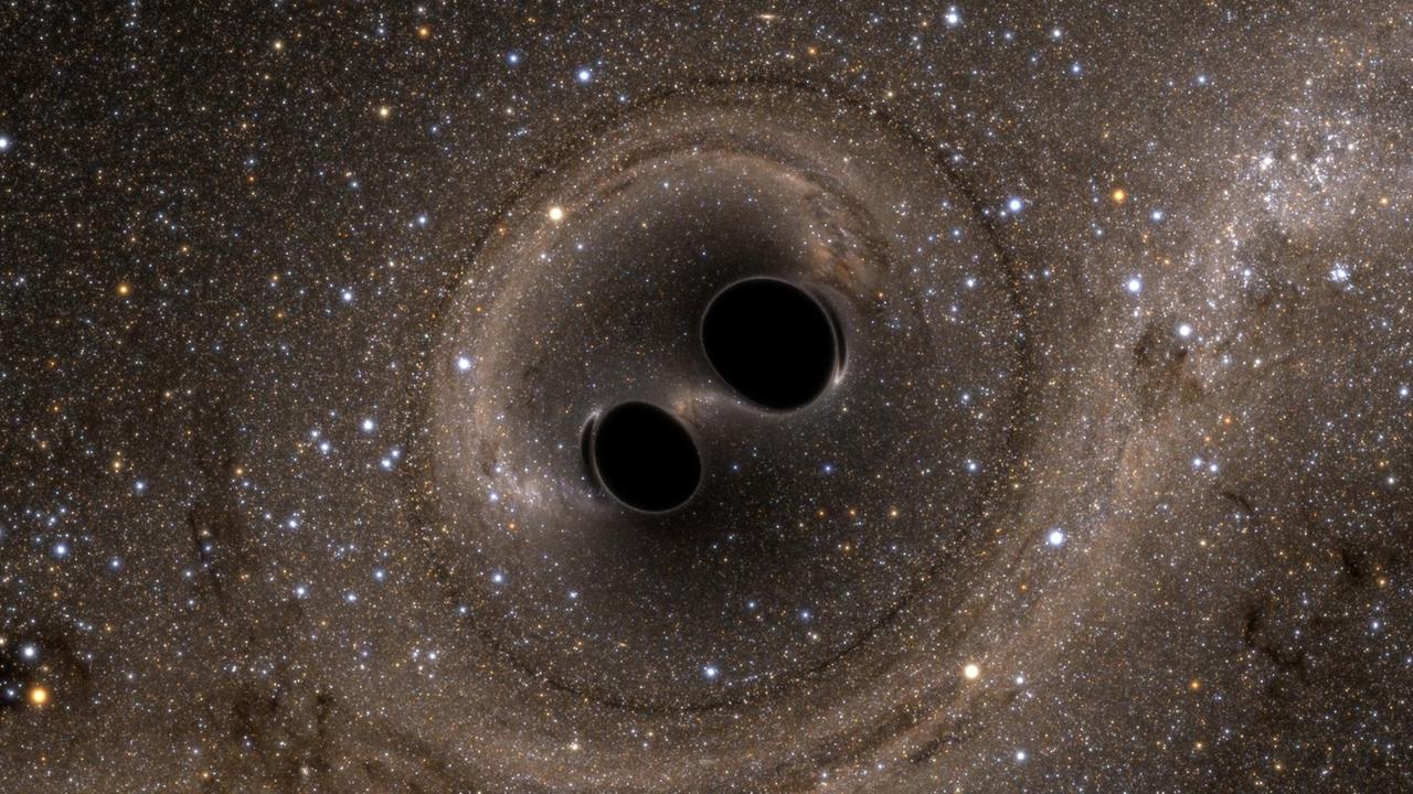 Simulation der Kollision von zwei Schwarzen Löchern, wie sie vom Gravitationswellen-Detektor LIGO aufgezeichnet worden ist.