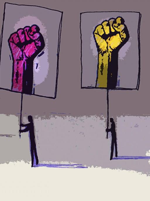 Demonstranten tragen Plakate mit Fäusten