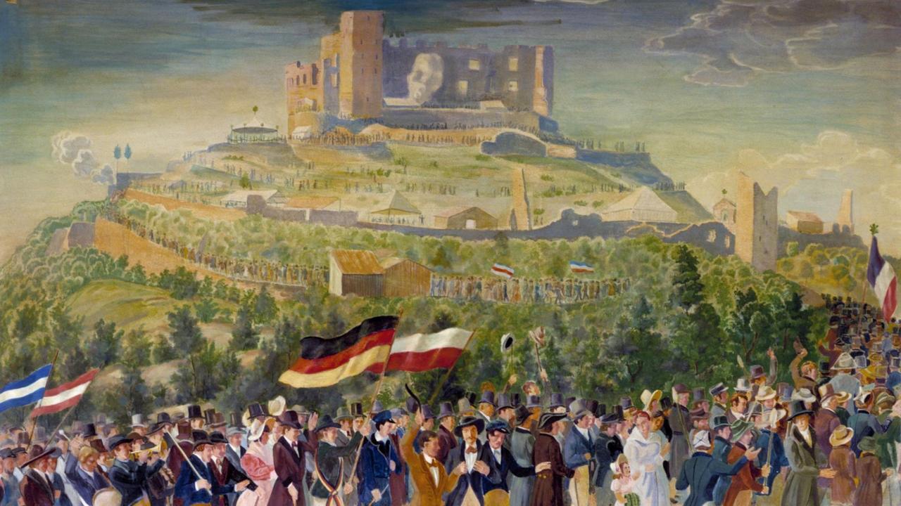 Auf dem »Hambacher Fest« vom 27.-30. Mai 1832 demonstrieren über 30.000 Bürger, Handwerker und Bauern für Einheit und Freiheit in Deutschland. Aquarell von Max von Boehn (1860-1932) nach einem zeitgenössischen Stich.