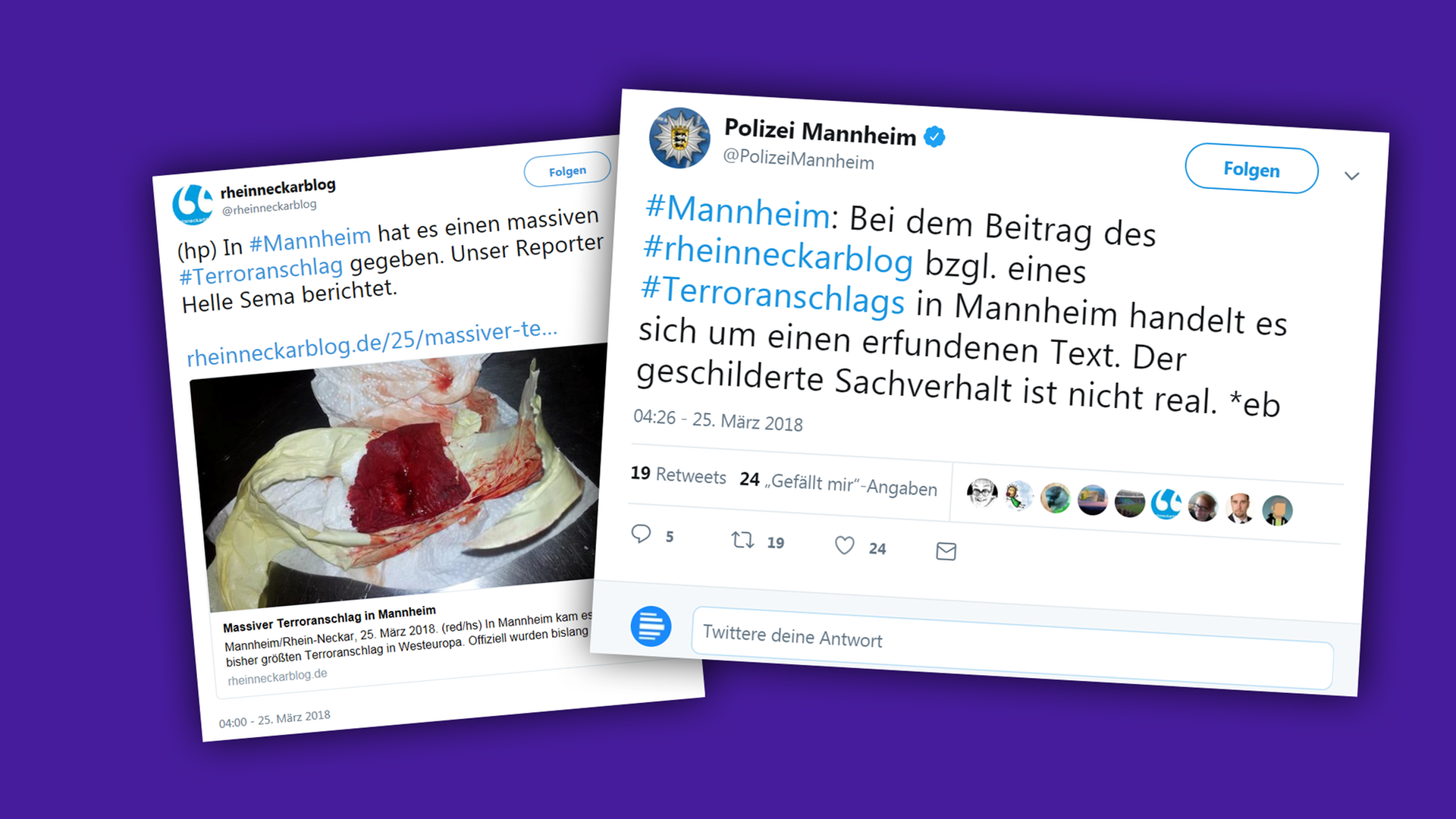 Die Montage zeigt zwei Tweets über einen vermeintlichen, aber erfundenen Anschlag in Mannheim, einer vom "Rheinneckarblog", einer von der Polizei Mannheim.