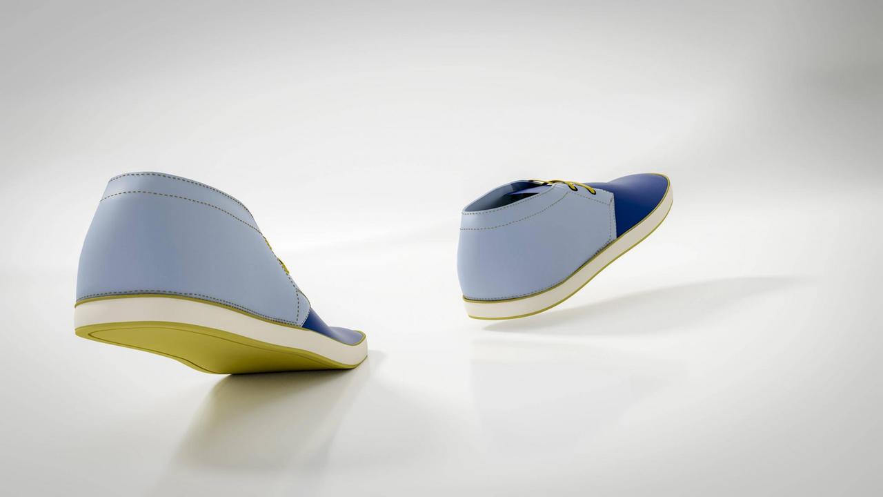 3D-Computergrafik von einem Paar Freizeitschuhe im Bewegungsablauf vor weissem Hintergrund