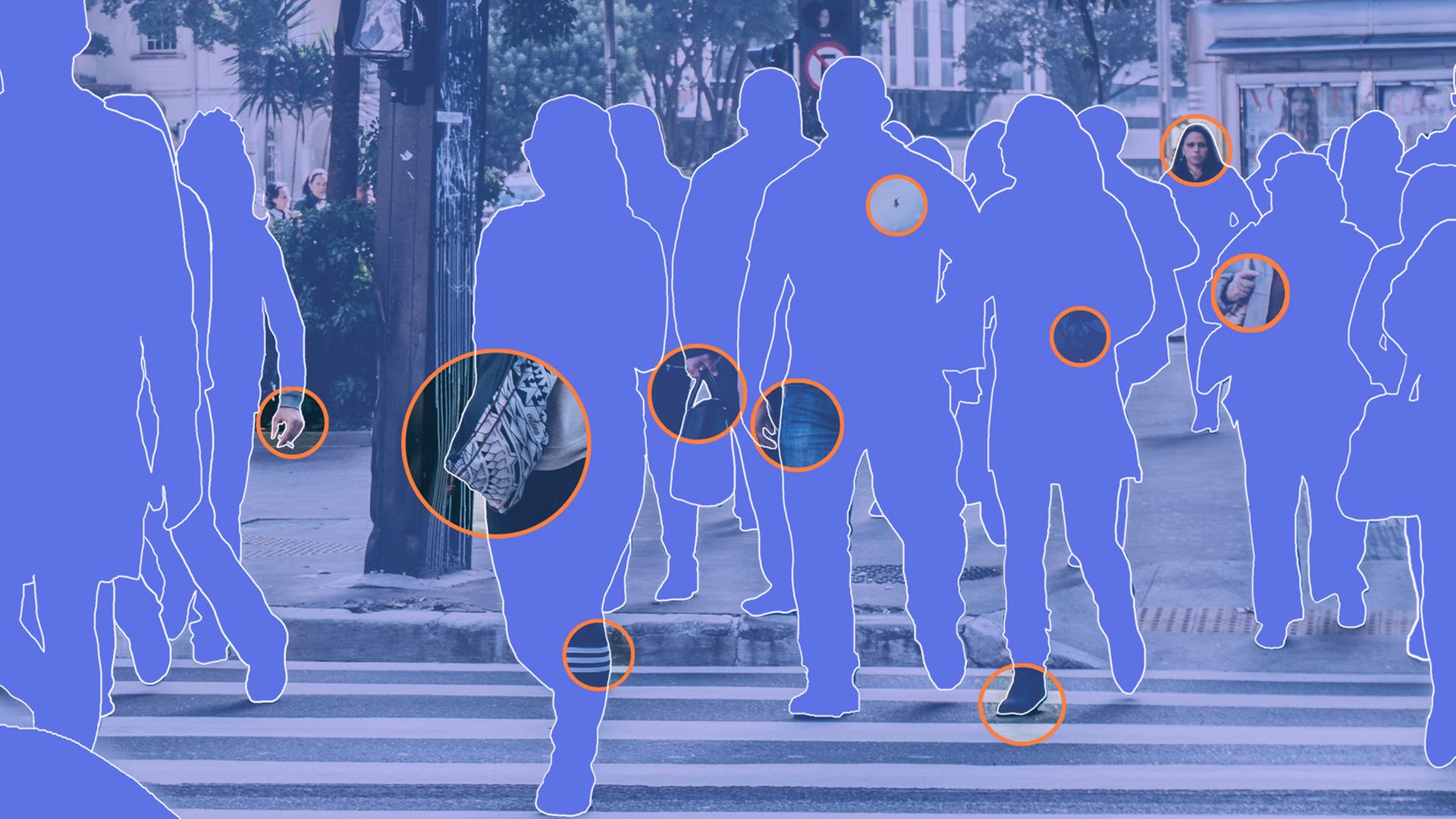 lila Menschen-Silhouetten laufen durch die Stadt, durch Kreise sind hin und wieder Geischter zu erkennen