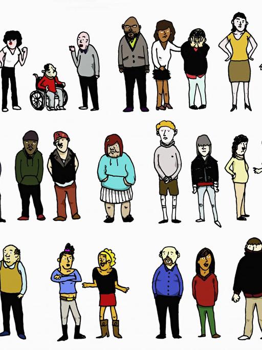 Illustration von Reihen stehender unterschiedlicher Menschen.