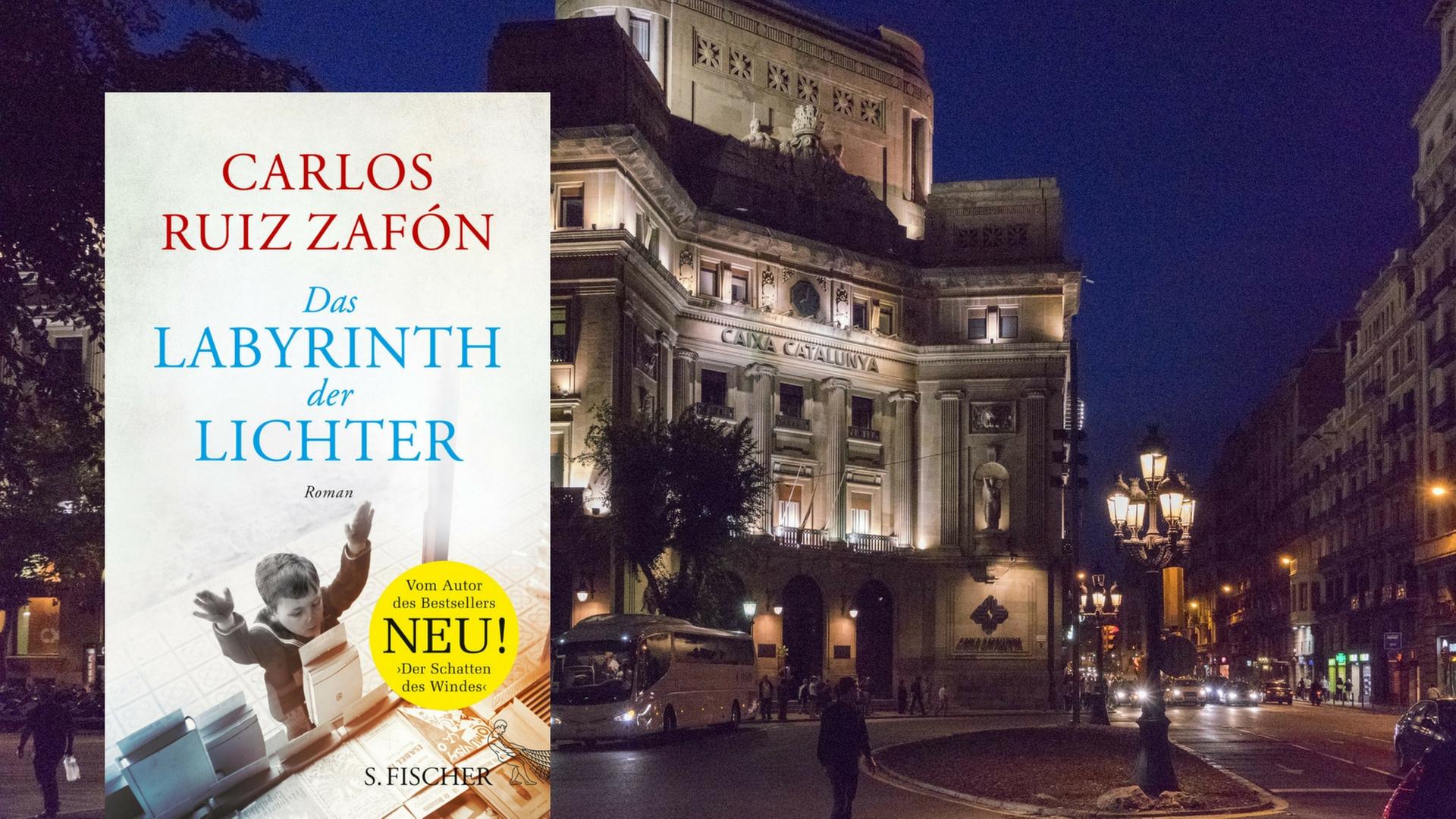 Buchcover Carlos Ruíz Zafón: "Das Labyrinth der Lichter" vor einer Nachtansicht von Barcelona