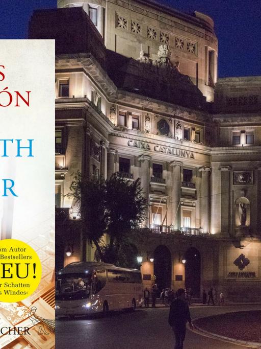 Buchcover Carlos Ruíz Zafón: "Das Labyrinth der Lichter" vor einer Nachtansicht von Barcelona
