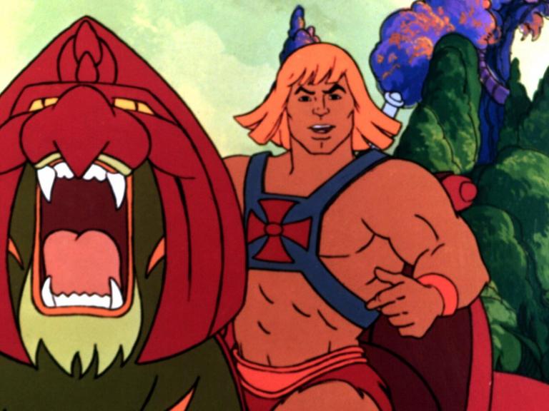 He-Man reitet auf einem Monster.