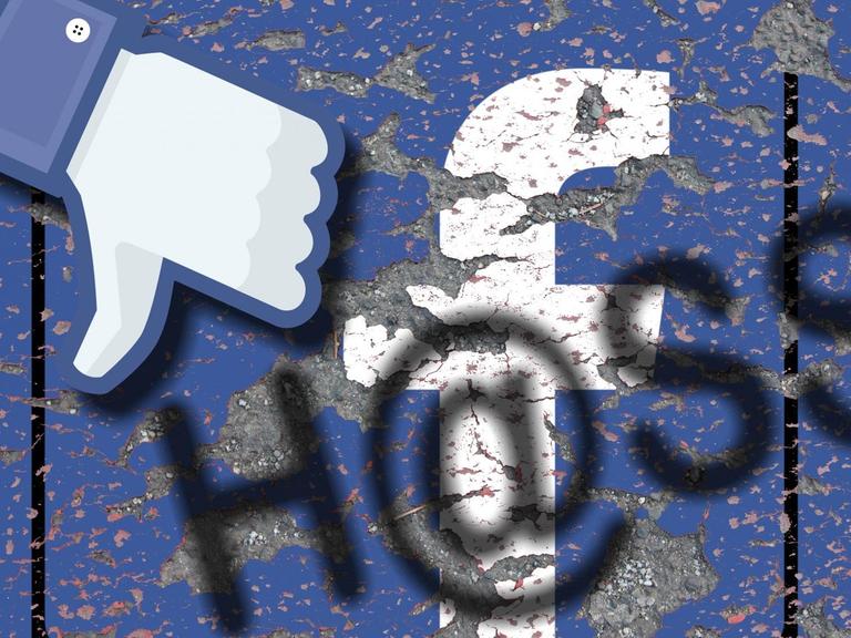 Facebook-Symbole wie die Abkürzung 'f' und der gesenkte Daumen für "dislike" auf blauem Grund und darüber steht Hass gesprüht, wobei der Buchstabe 'a' in Hass aus dem At-Zeichen besteht.