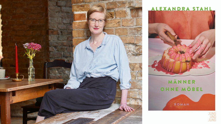 Ein Portrait der Schriftstellerin Alexandra Stahl und das Cover ihres Romans "Männer ohne Möbel"