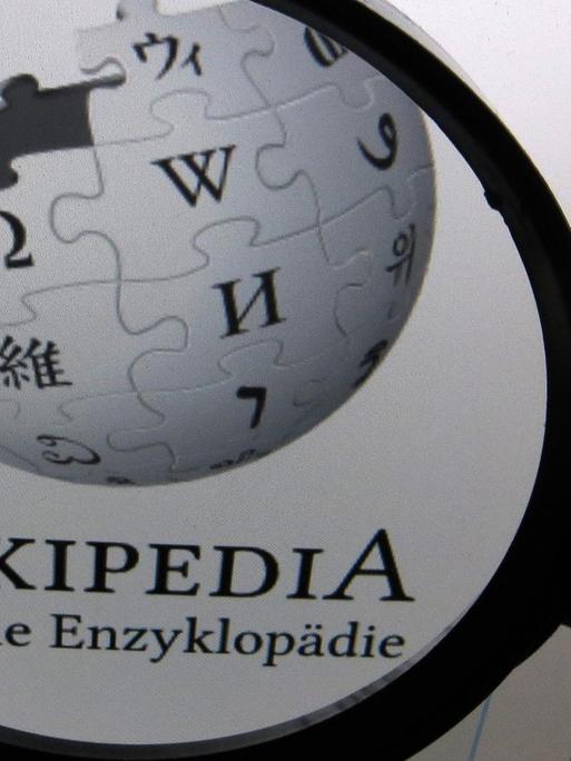 Auf einem Computerbildschirm ist das Logo der deutschen Version der freien Enzyklopädie Wikipedia durch eine Lupe vergrößert auf einem Computerbildschirm zu sehen.