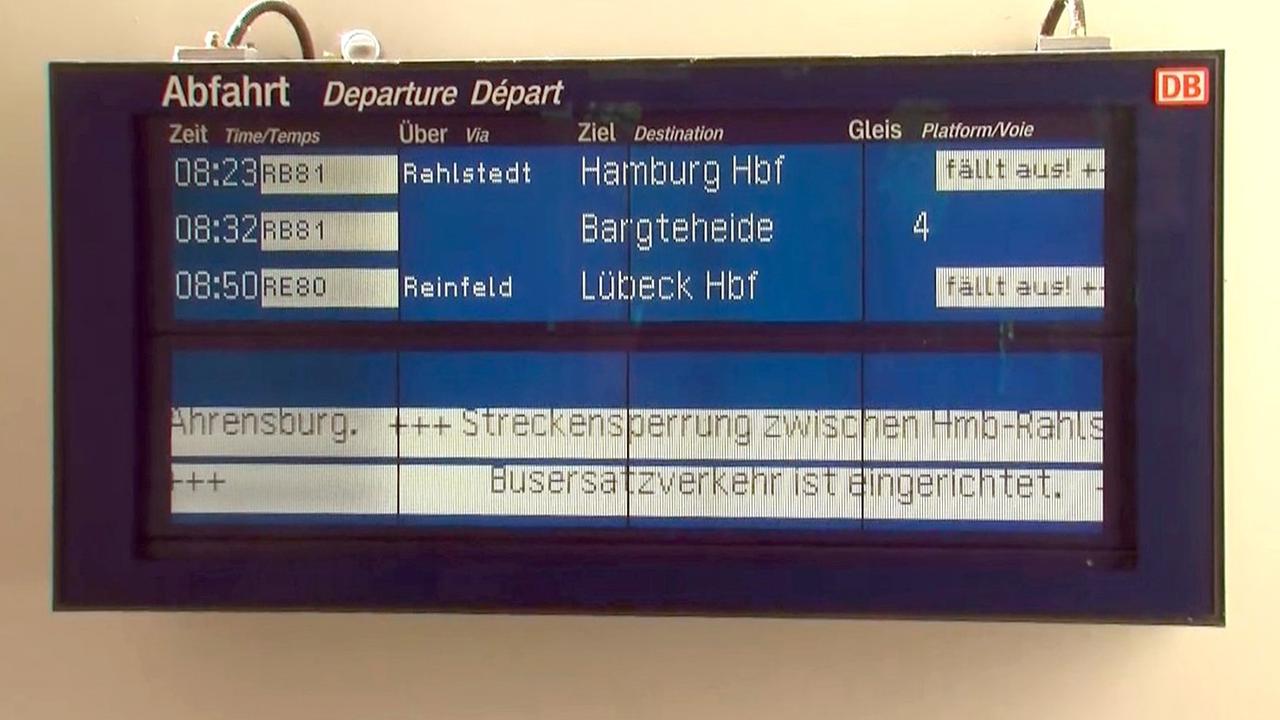 Eine Anzeigetafel informiert in Hamburg-Rahlstedt über Zugausfälle. Eine Anzeigetafel informiert in Hamburg-Rahlstedt über Zugausfälle.