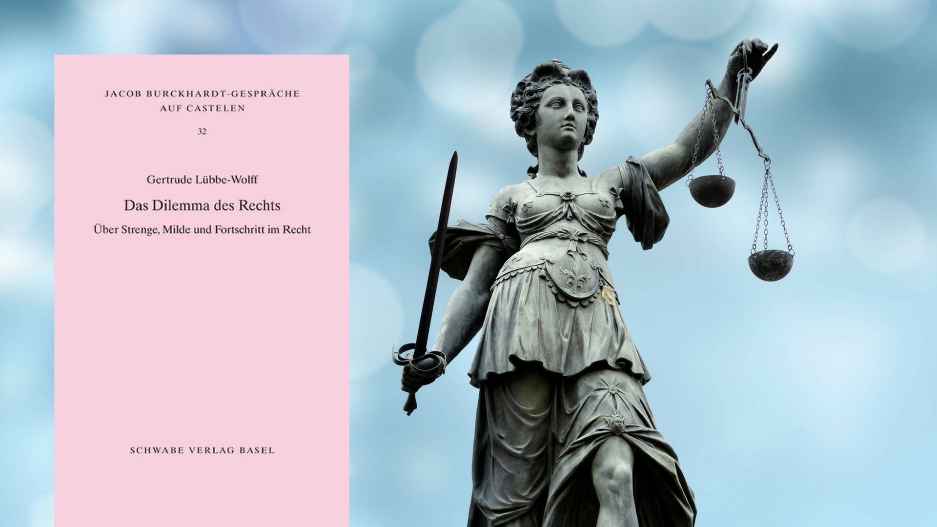 Buchcover "Das Dilemma des Rechts" vor dem Hintergrund einer Justitia-Figur