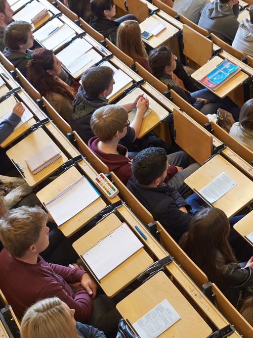 Studenten sitzen am Campus Koblenz der Universität Koblenz-Landau im großen Hörsaal.