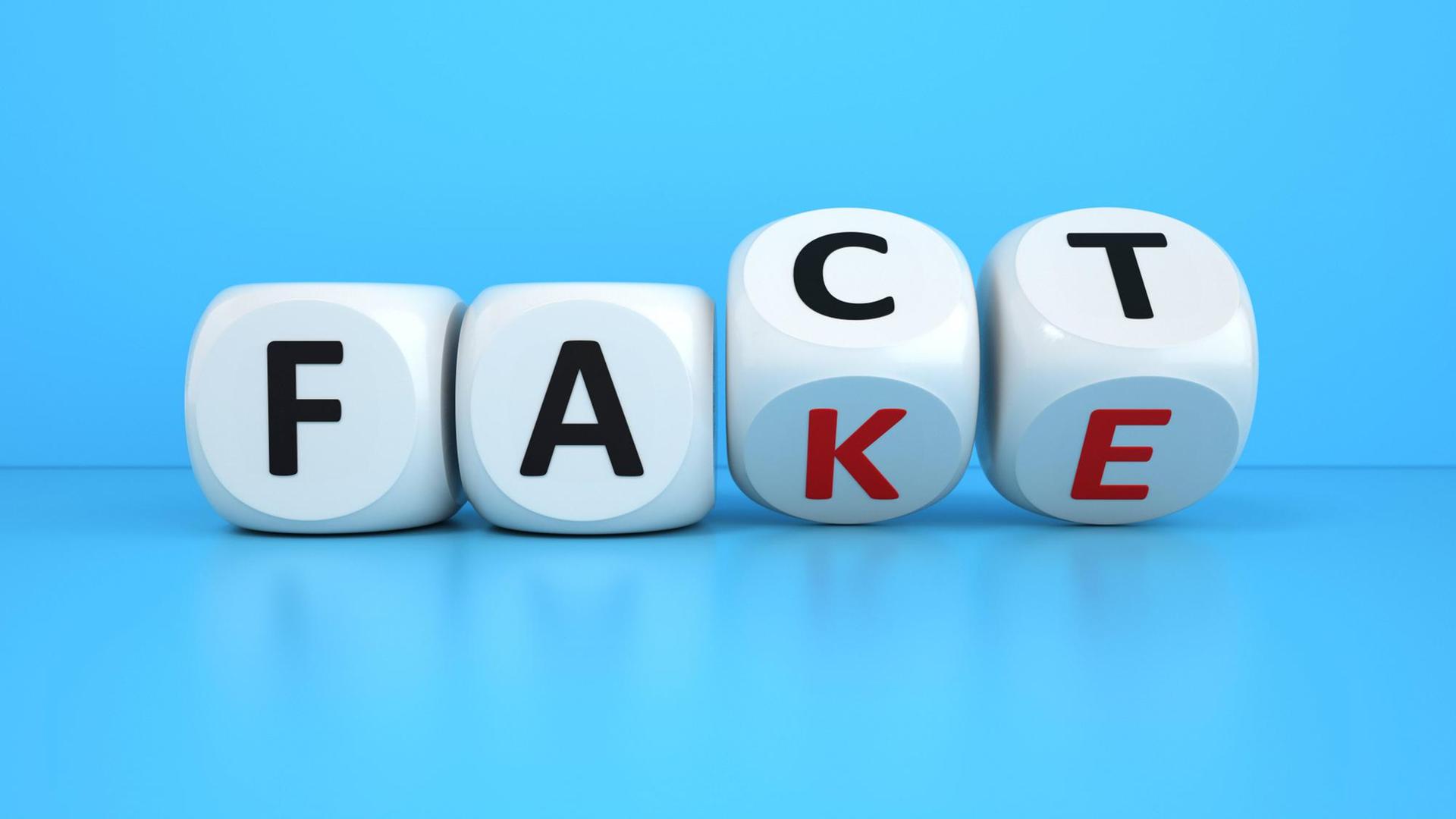 Würfel, die auf der Kippe stehen und sowohl auf "Fact", als auch auf "Fake" landen könnten.