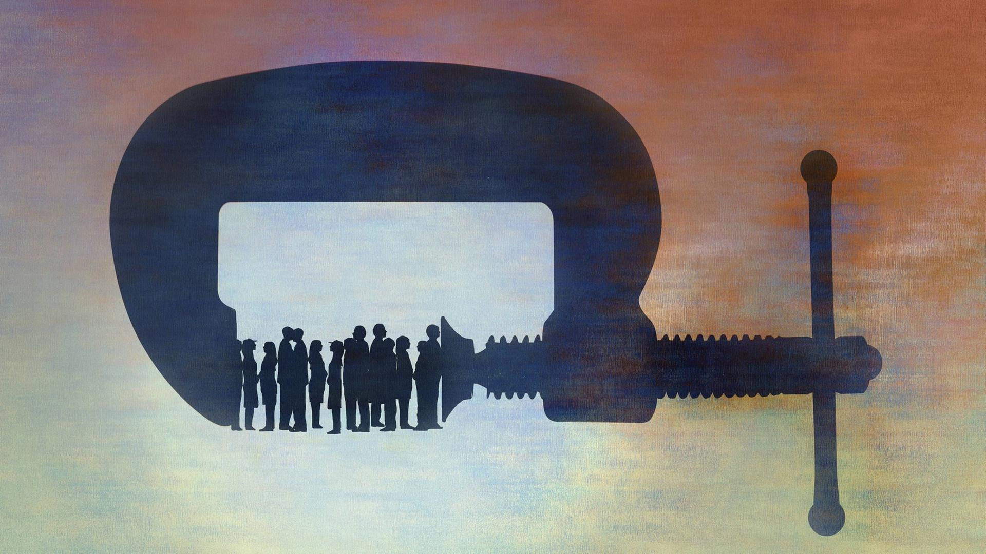 Eine Illustration zeigt Gruppe Menschen, die in einem Schraubstock zusammengedrückt werden.