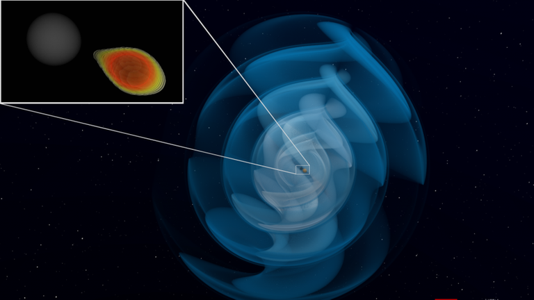 Farbige Computer-Simulation der Verschmelzung eines Neutronensterns mit einem Schwarzen Loch