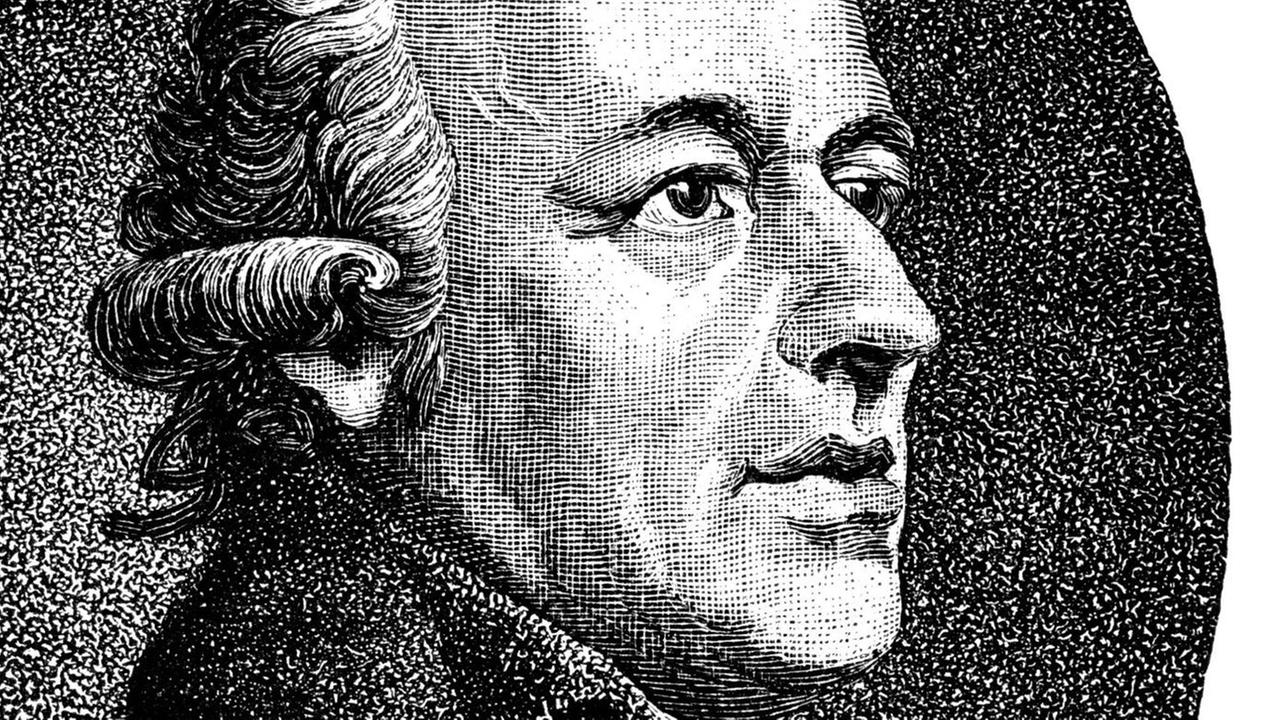 Historische Zeichnung eines Mannes mit typischer Perücke und erhobenem Blick.