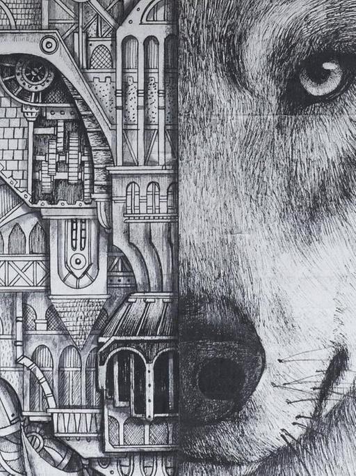 Streetart-Illustration mit dem Kopf eines Wolfes, zur einen Hälfe als Tier, zur anderen Hälfte als Maschine.