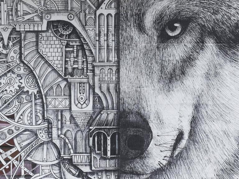Streetart-Illustration mit dem Kopf eines Wolfes, zur einen Hälfe als Tier, zur anderen Hälfte als Maschine.