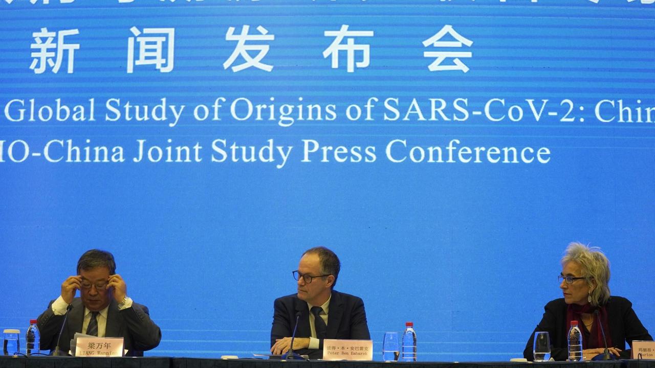 Wuhan: Marion Koopmans (r), Peter Ben Embarek (M) und Liang Wannian (l), Mitglieder eines Teams der Weltgesundheitsorganisation (WHO), geben eine gemeinsame Pressekonferenz. 