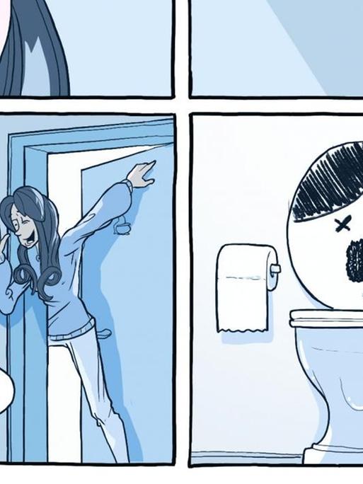 Im Bild aus "Vogelschiss" hält die Protagonisten eine Klobürste so vor eine bemalte Toilette, das sie aussieht wie eine Karikatur von Adolf Hitler.