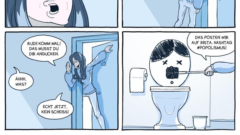 Im Bild aus "Vogelschiss" hält die Protagonisten eine Klobürste so vor eine bemalte Toilette, das sie aussieht wie eine Karikatur von Adolf Hitler.