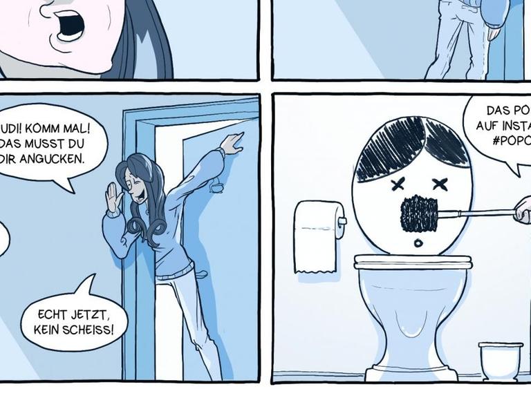 Im Bild aus "Vogelschiss" hält die Protagonisten eine Klobürste so vor eine bemalte Toilette, das sie aussieht wie eine Karikatur von Adolf Hitler.