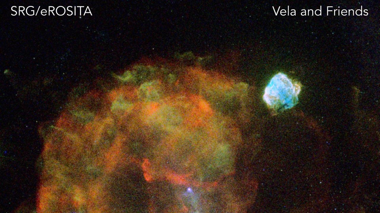 Der Vela Supernova-Überrest im Röntgenlicht; die unterschiedlichen Farben lassen verschiedene Elemente erkennen, die während der Explosion vor rund 11.000 Jahren ausgeworfen wurden 
