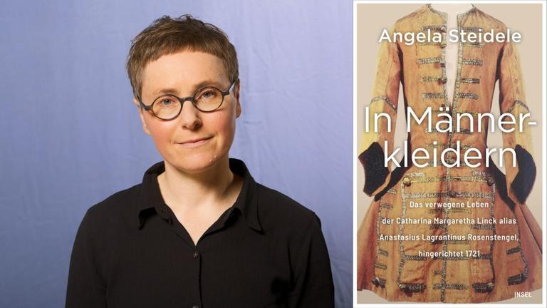 Angela Steidele: "In Männerkleidern" Zu sehen sind die Autorin und das Buchcover, auf dem ein Kleidungsstück aus dem 18. Jahrhundert abgebildet ist.
