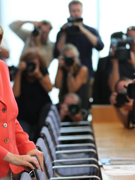 Bundeskanzlerin Angela Merkel (CDU) äußert sich am 31.08.2015 in Berlin auf einer Pressekonferenz zu aktuellen Themen der Innen- und Außenpolitik.