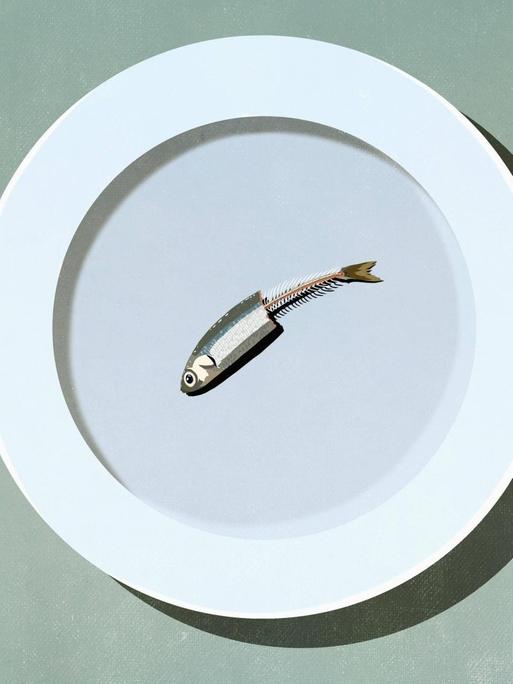 Ein halb aufgegessener Fisch auf einem Teller.