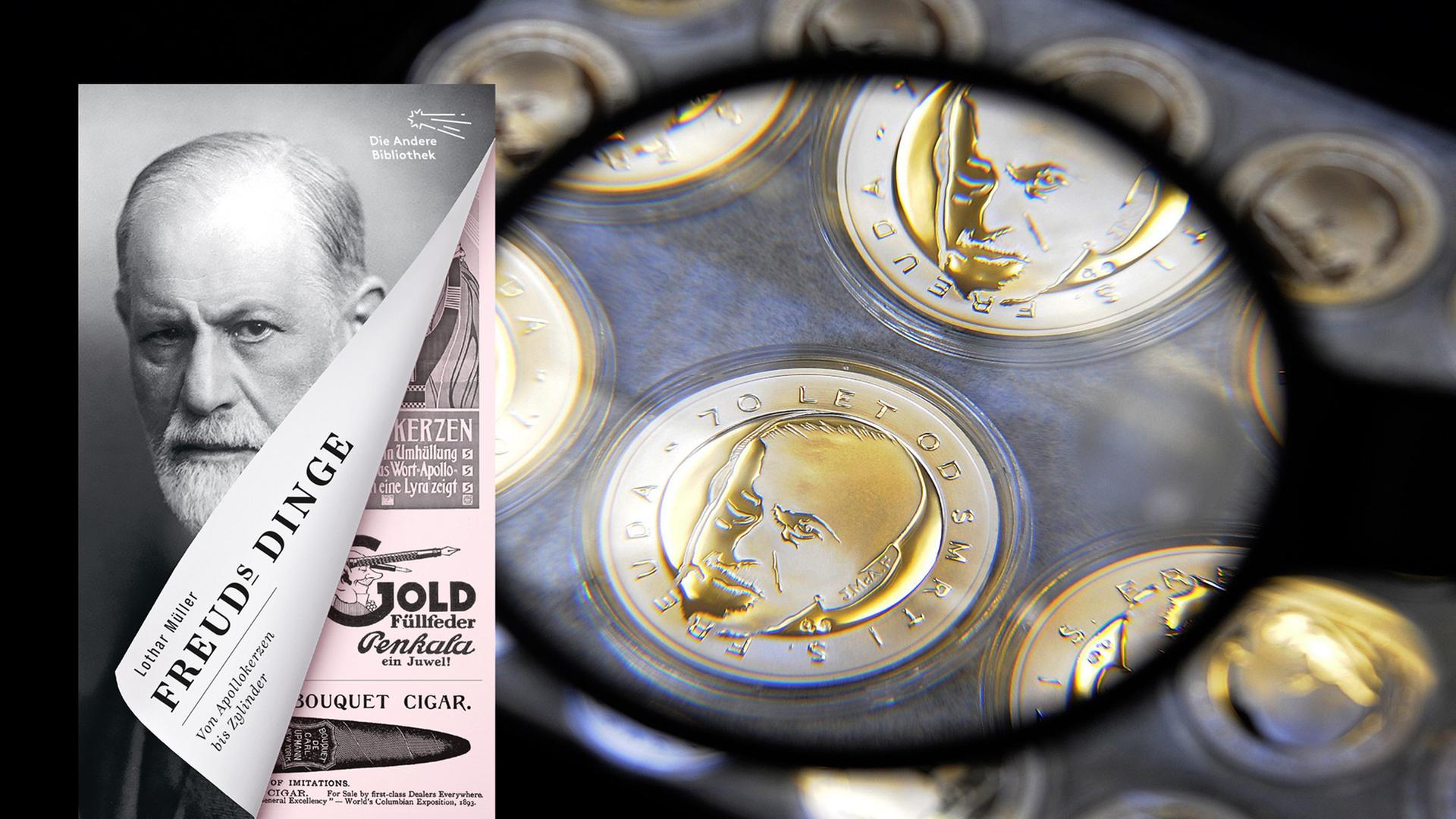 Das Cover von "Freuds Dinge: Der Diwan, die Apollokerzen & die Seele im technischen Zeitalter" und Möbel im Freud-Museum Wien. Im Hintergrund sieht man durch eine Lupe eine Münze mit Sigmund Freud.
