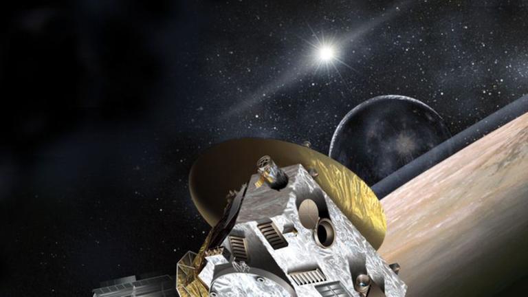 Die Raumsonde New Horizons beim Vorbeiflug an Pluto (Zeichnung)