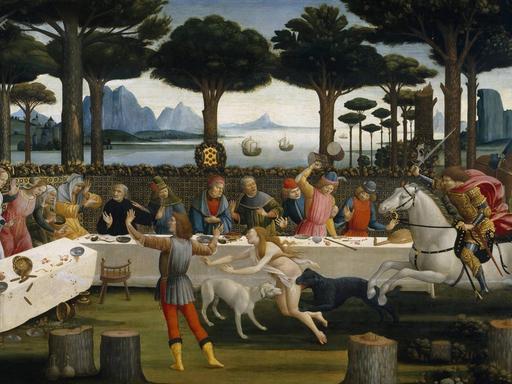 Das Gemälde zeigt ein Freiluft-Bankett mit turbulenten Szenen.