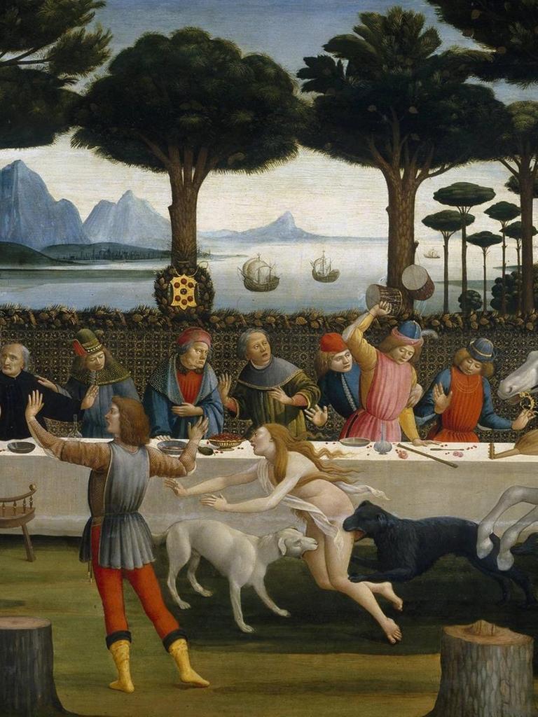 Das Gemälde zeigt ein Freiluft-Bankett mit turbulenten Szenen.