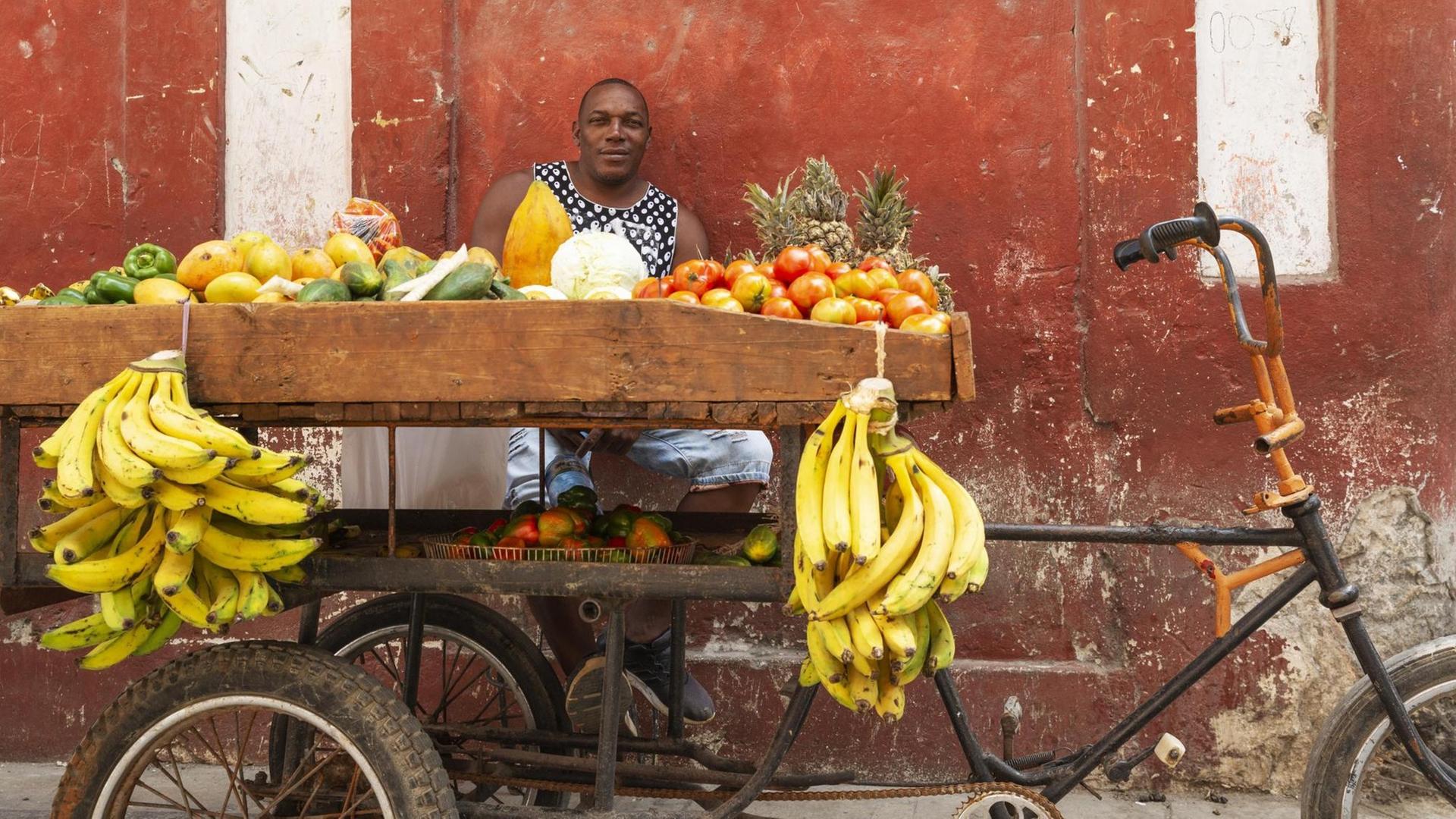 Mobiler Marktstand auf Kuba, der von einem Fahrrad bewegt werden kann. Im Vordergrund gelbe Bananen, hinter dem Stand sitzt der Händler.