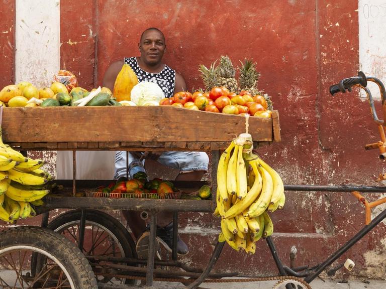 Mobiler Marktstand auf Kuba, der von einem Fahrrad bewegt werden kann. Im Vordergrund gelbe Bananen, hinter dem Stand sitzt der Händler.