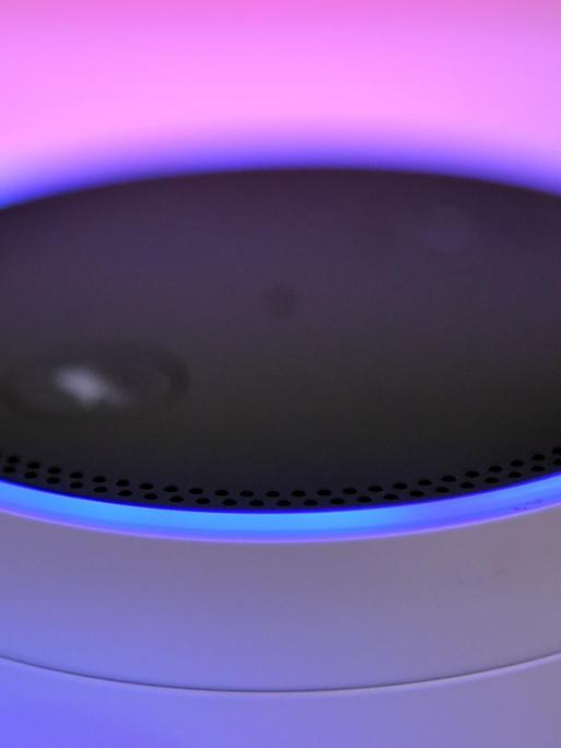 Der Lautsprecher Amazon Echo - Alexa Voice Service steht am 01.09.2017 auf der IFA in Berlin und ist in lila Licht getaucht