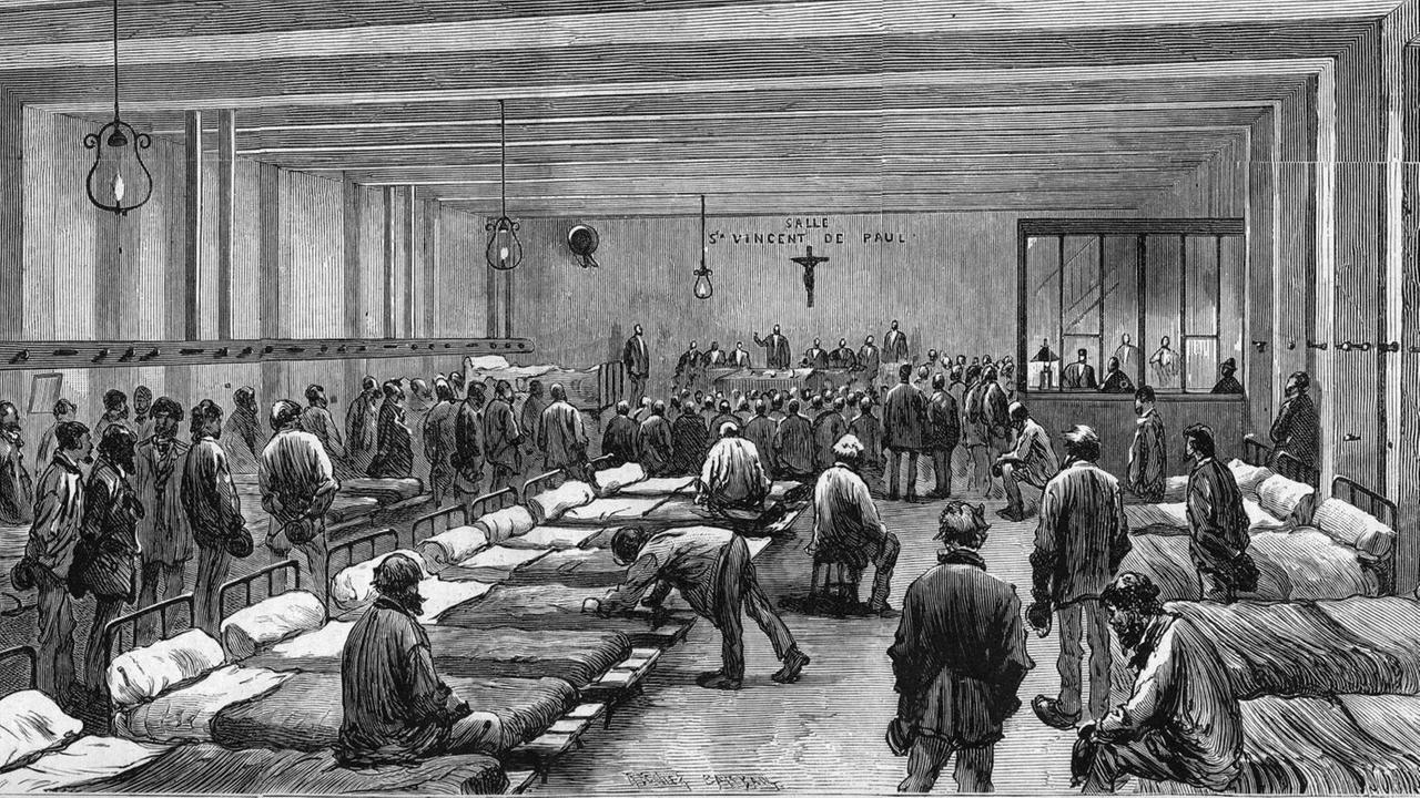 Eine historische Zeichnung eines Krankenhauses für bedürftige Menschen, 59 rue de Tocqueville. Paris, 1882.