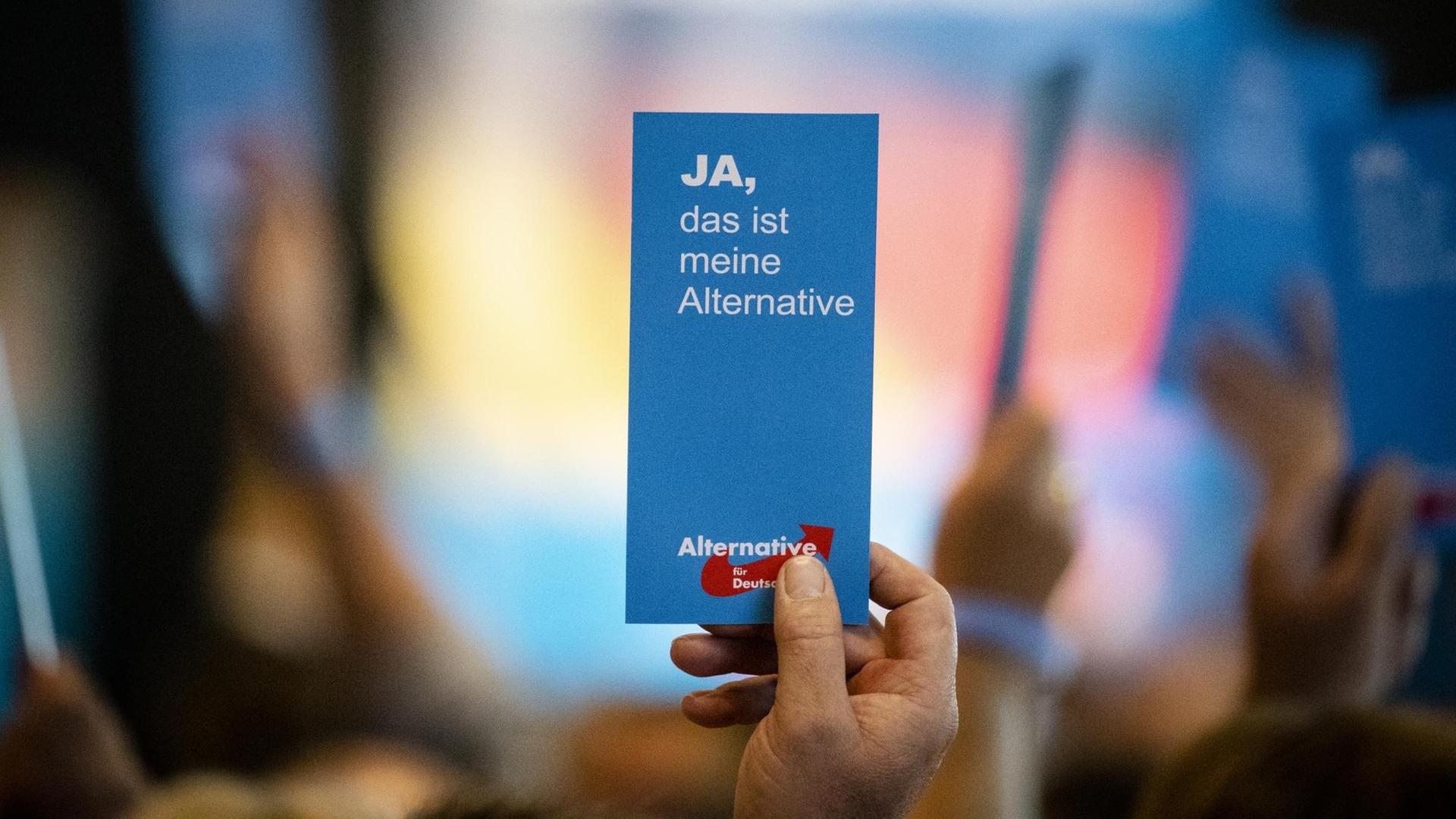 Ein Mitglied des AfD-Landesverbandes Sachsen stimmt auf dem Landesparteitag mit "Ja".